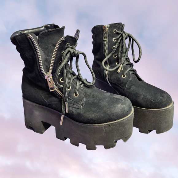 Current Mood Greenpoint Platform Black Suede Zip Up Festival Rave Boots Sz 8 - Picture 2 of 8
